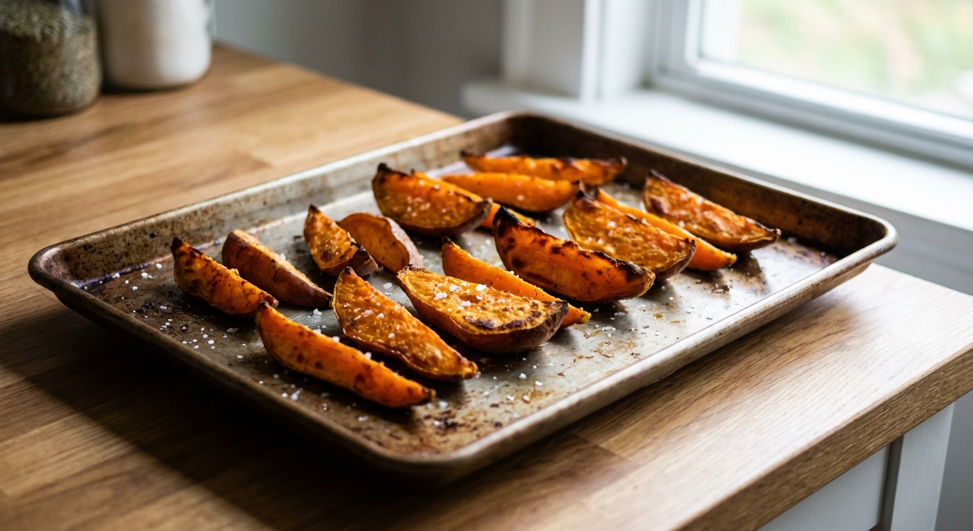 A tray of roasted sweet potato wedges with crispy edges and a sprinkle of salt