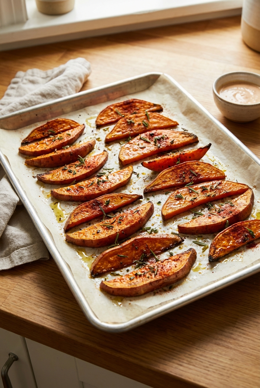 A tray of roasted sweet potato wedges with paprika and herbs