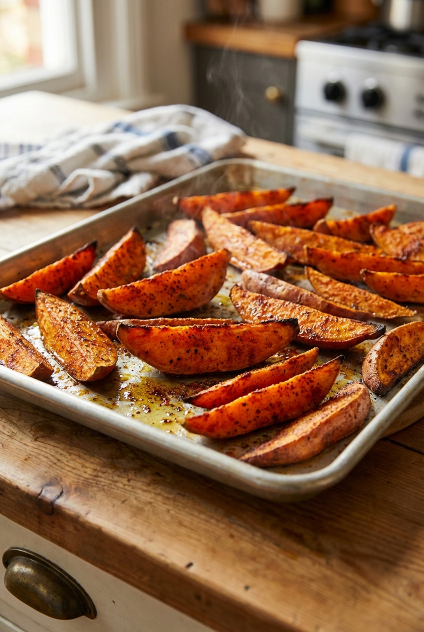 A tray of roasted sweet potato wedges with smoky seasoning