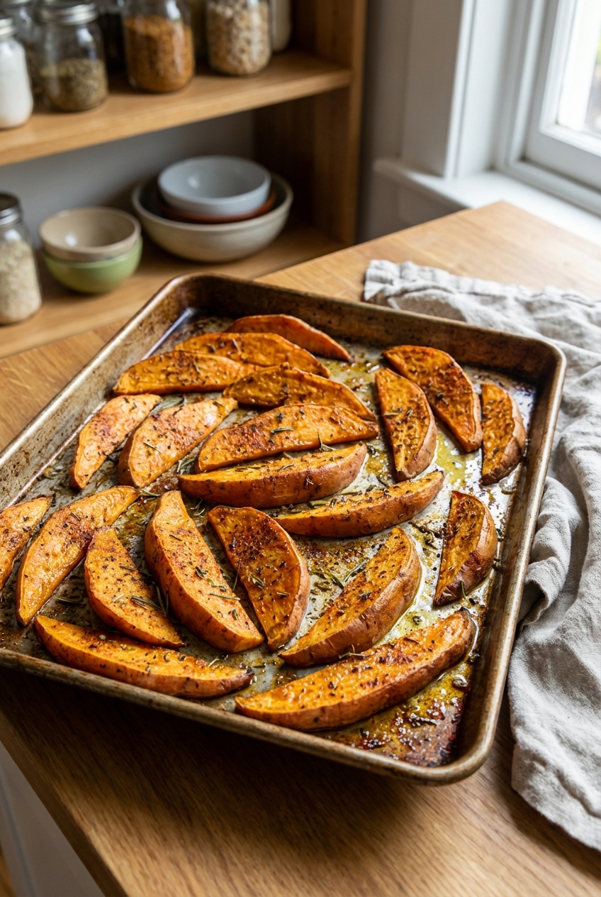 A tray of roasted sweet potato wedges with spices