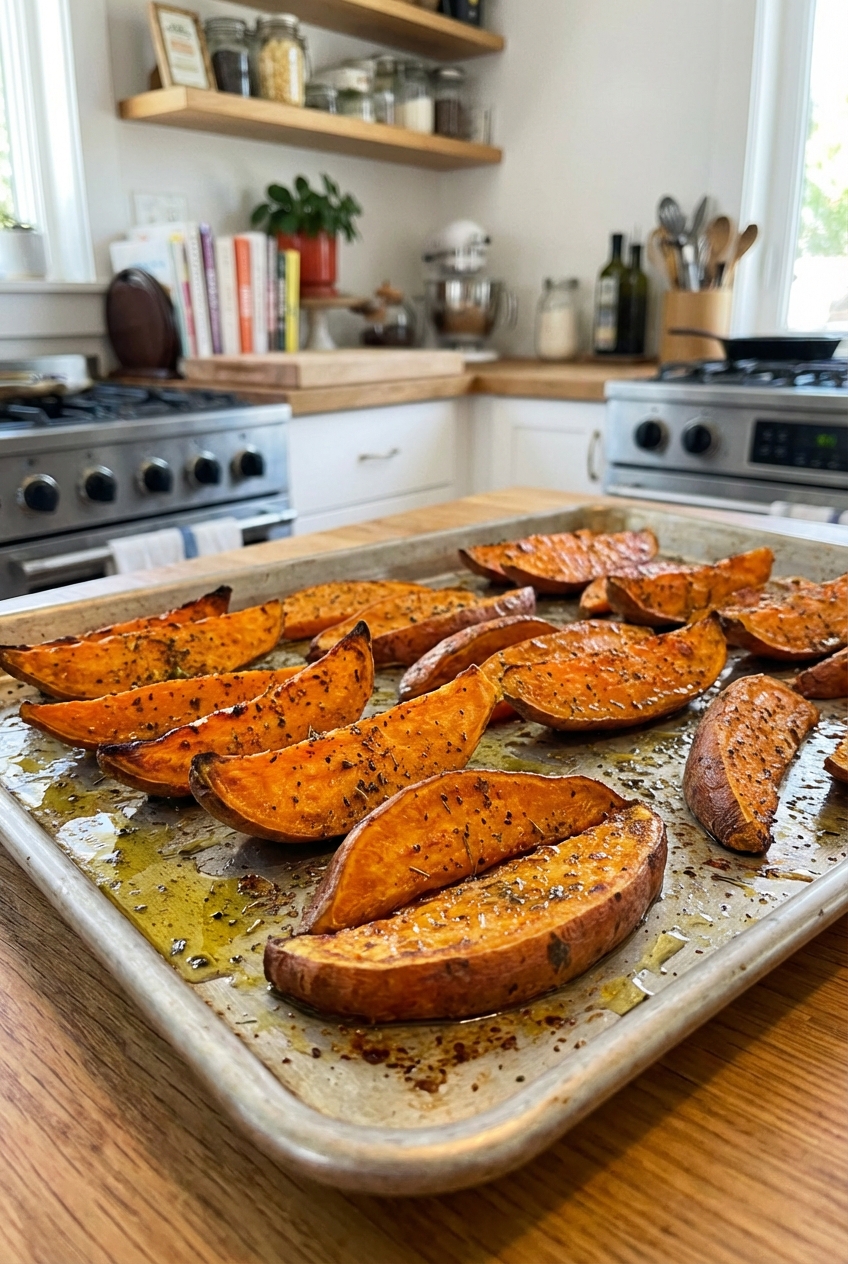 A tray of roasted sweet potato wedges