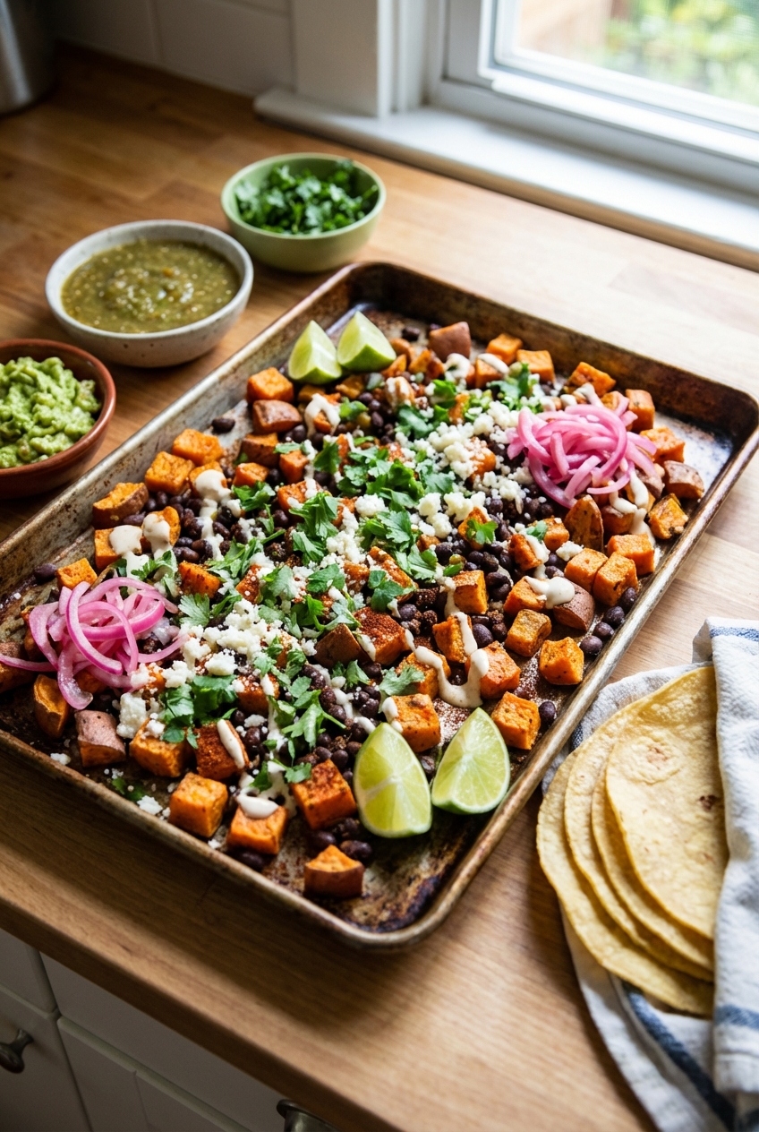 A tray of roasted sweet potatoes and black beans with taco toppings like cilantro and lime
