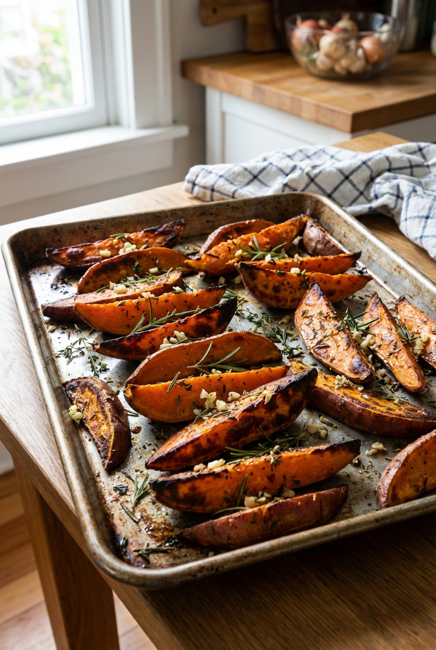 A tray of roasted sweet potatoes with browned edges and herbs