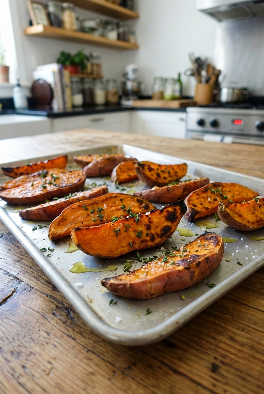 A tray of roasted sweet potatoes with browned edges