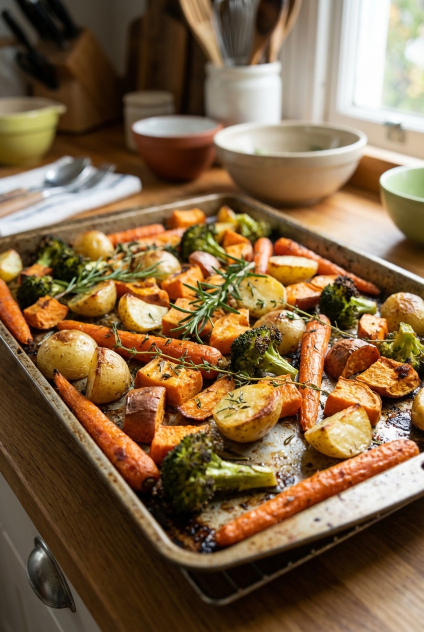 A tray of roasted vegetables with browned edges and fresh herbs