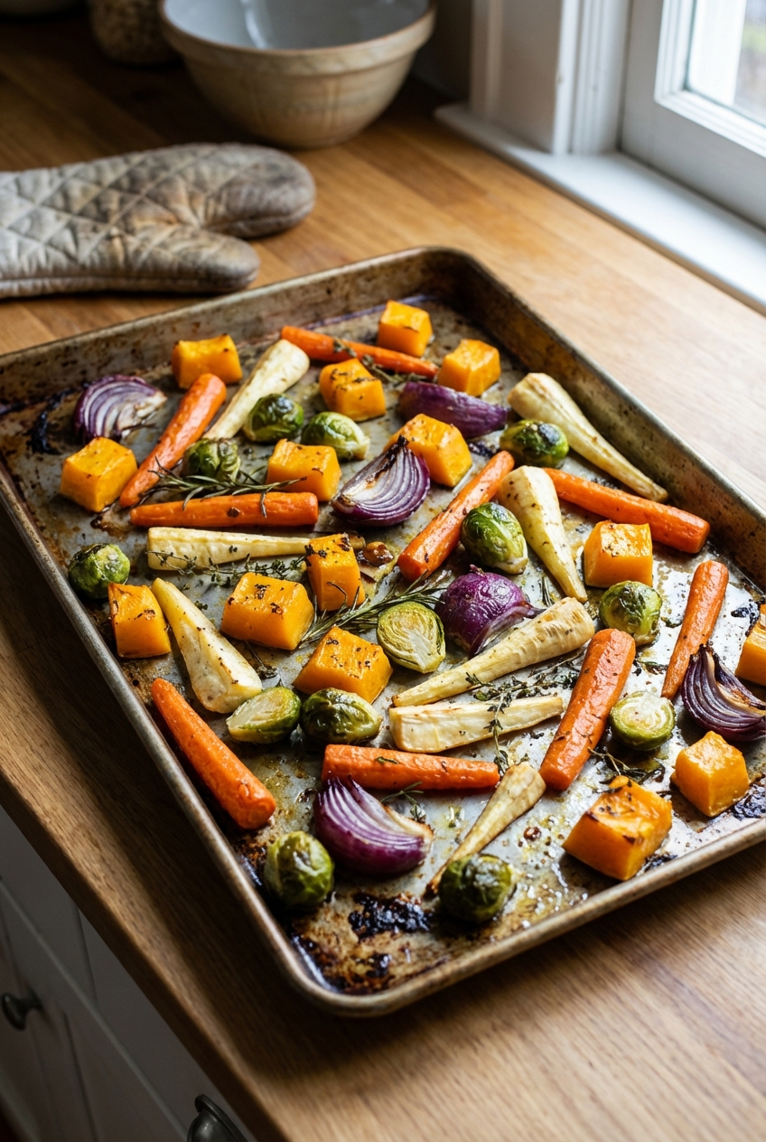 A tray of roasted winter vegetables with caramelized edges