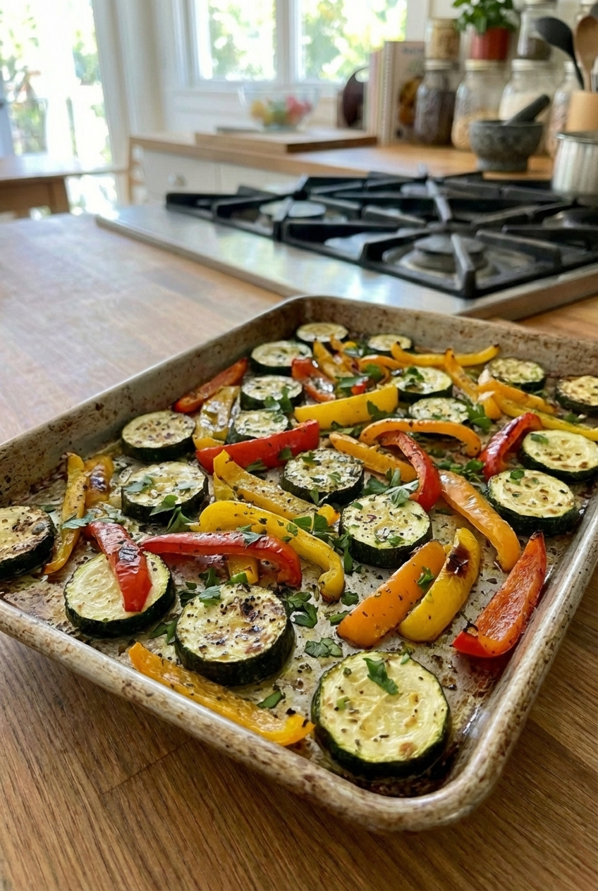 A tray of roasted zucchini and bell peppers with charred edges
