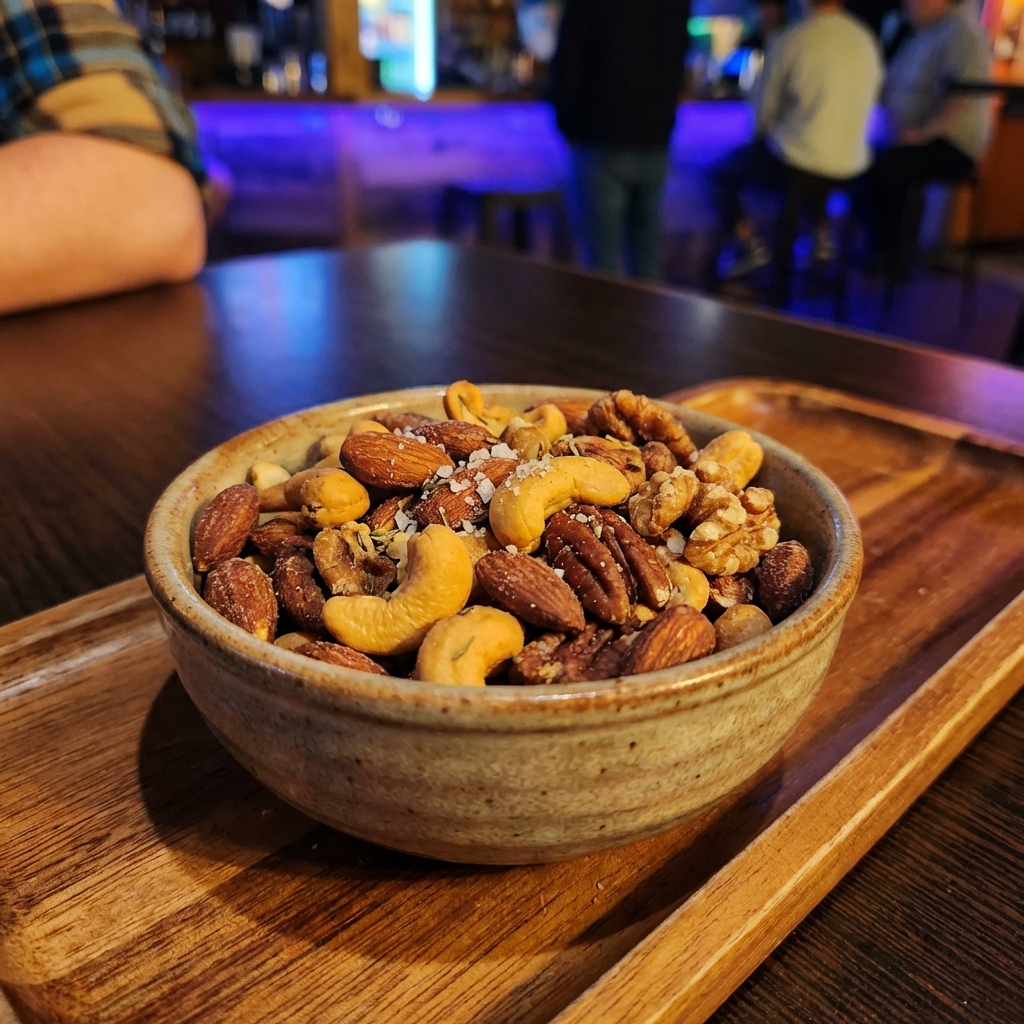 A tray of salty roasted mixed nuts in a small bowl