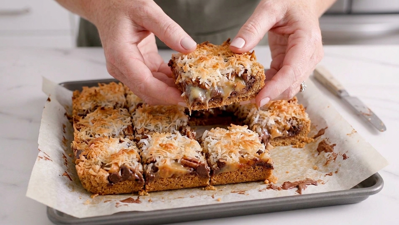 A tray of seven layer bars sliced into squares with gooey chocolate layers and toasted coconut on top, resting on parchment paper