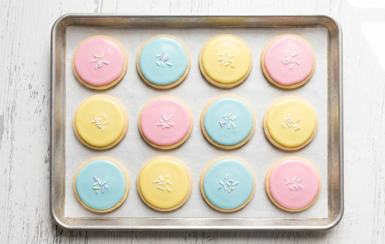 A tray of sugar cookies with smooth, glossy pastel frosting and a few simple sprinkles, set on a parchment-lined baking sheet on a bright kitchen counter
