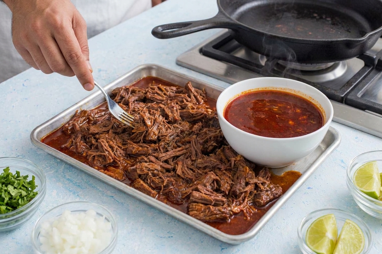 A tray of tender shredded birria beef with a bowl of deep red broth nearby on a kitchen counter