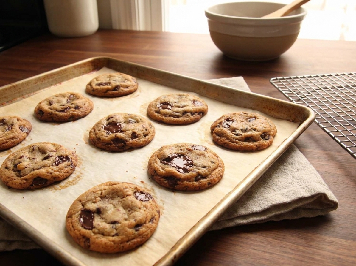 A tray of thick chocolate chip cookies baked to golden brown with crisp edges and gooey centers on a parchment-lined sheet pan on a warm kitchen counter
