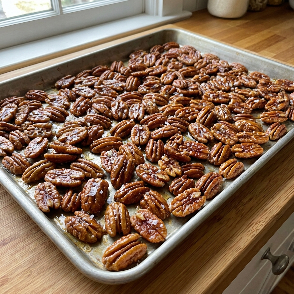 A tray of toasted pecans with a glossy maple sheen and a pinch of flaky salt