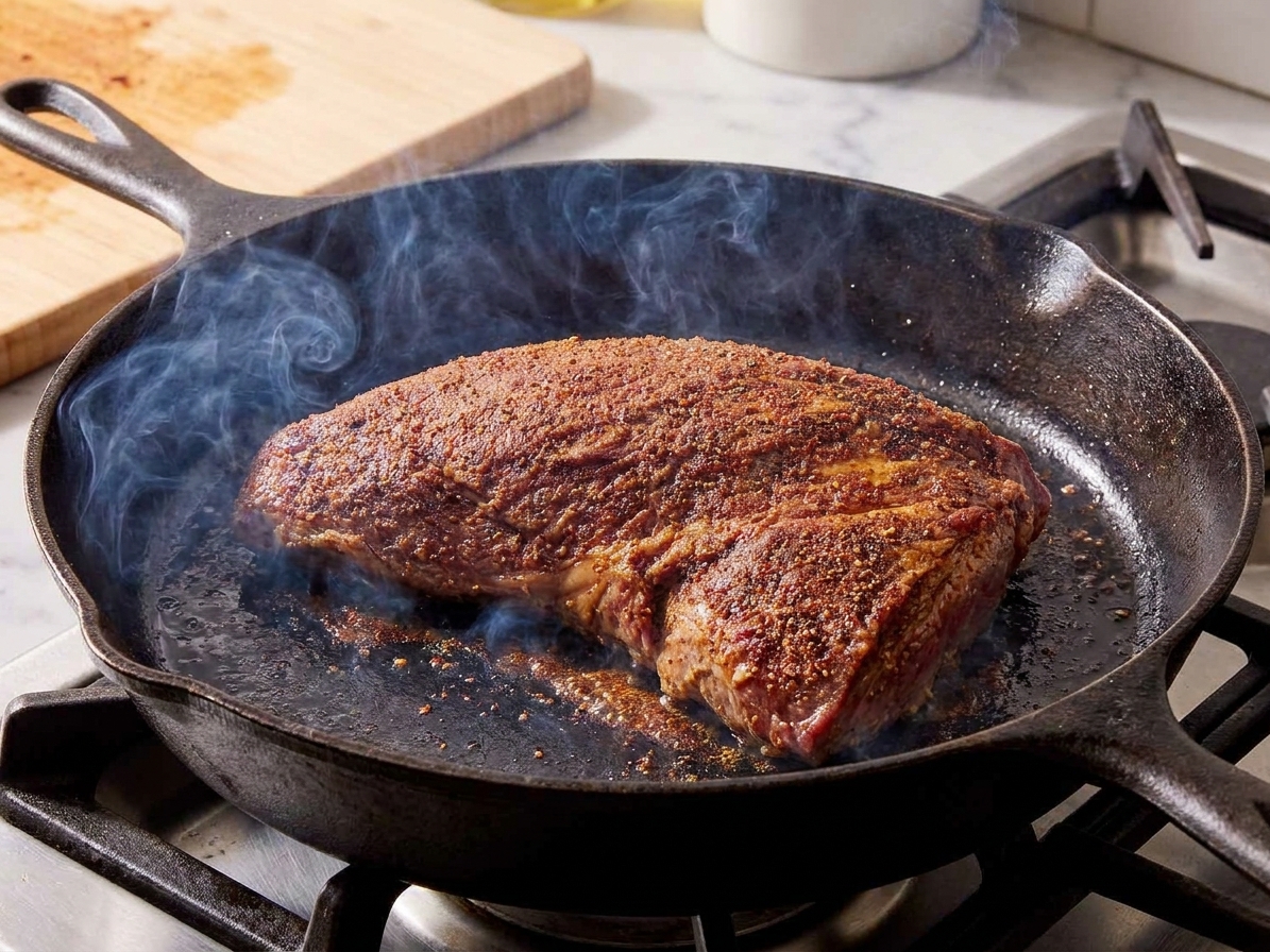 A tri-tip roast searing in a cast iron skillet with browned crust forming, with light smoke rising