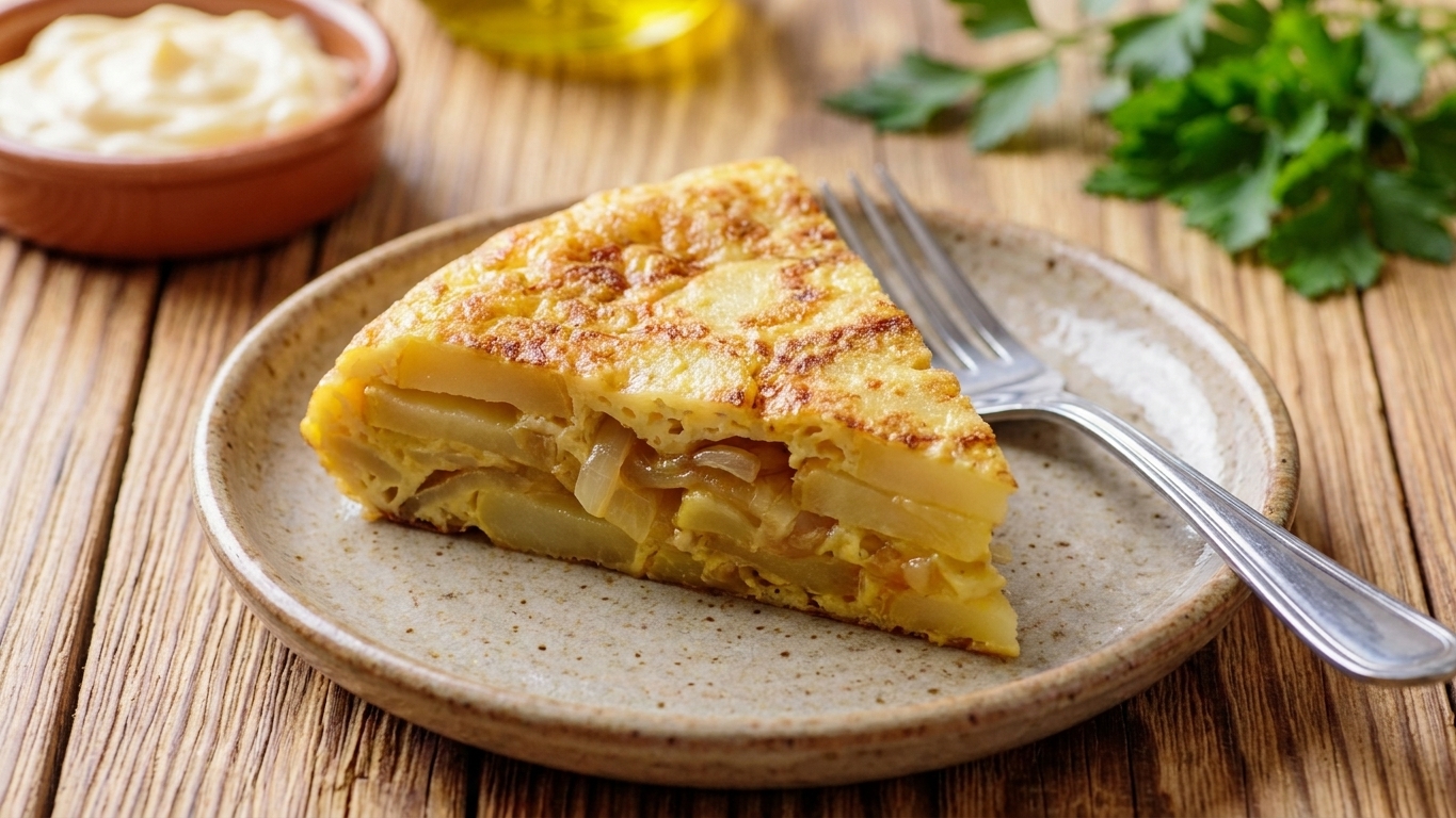 A triangular slice of Spanish tortilla on a small ceramic plate with a fork, soft potato layers visible, set on a wooden table