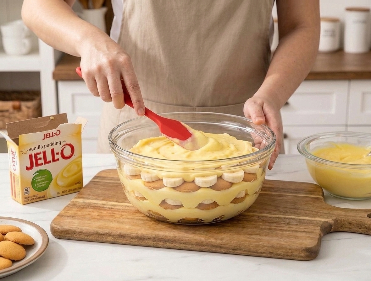 A trifle bowl mid-assembly with visible layers of vanilla wafers, banana slices, and creamy pudding.
