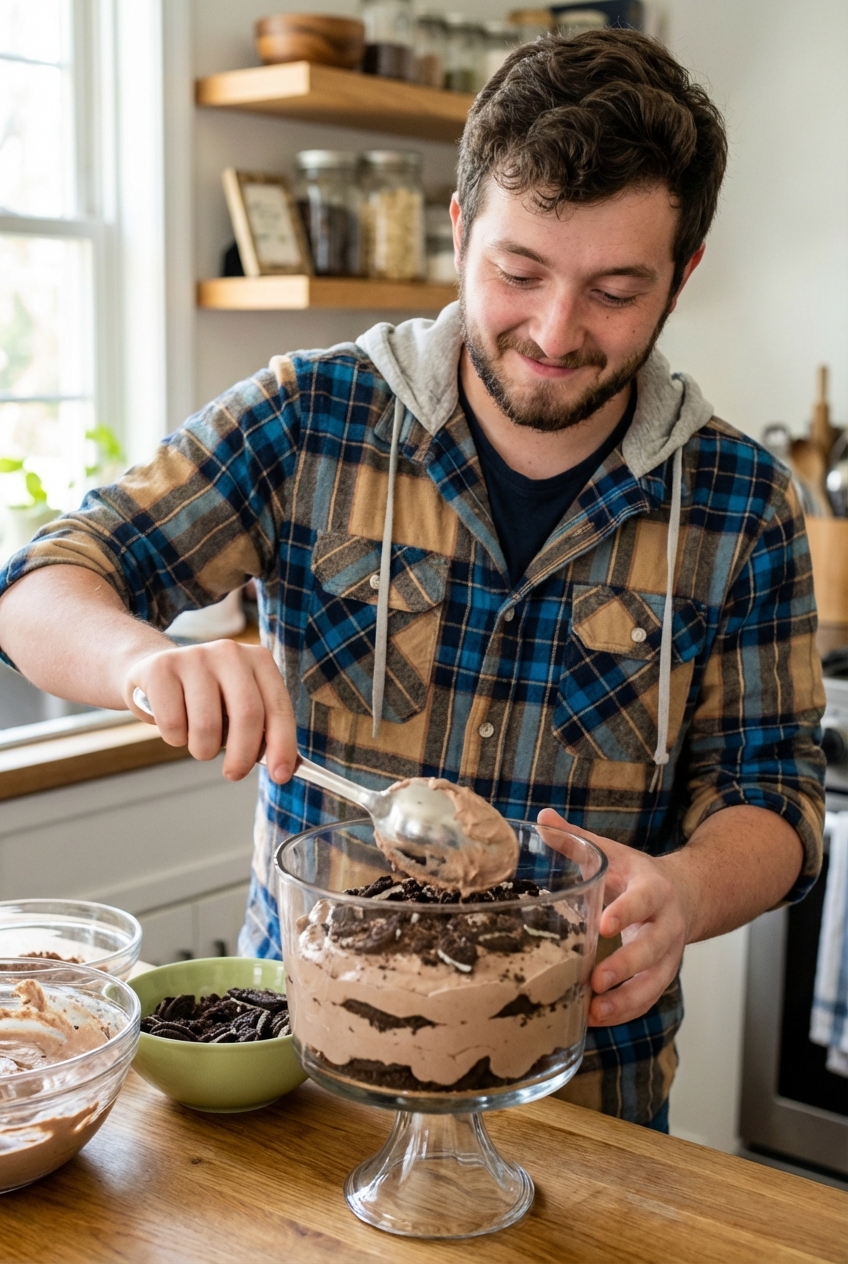 A trifle dish being layered with light brown chocolate-cream filling and crushed chocolate cookies using a spoon