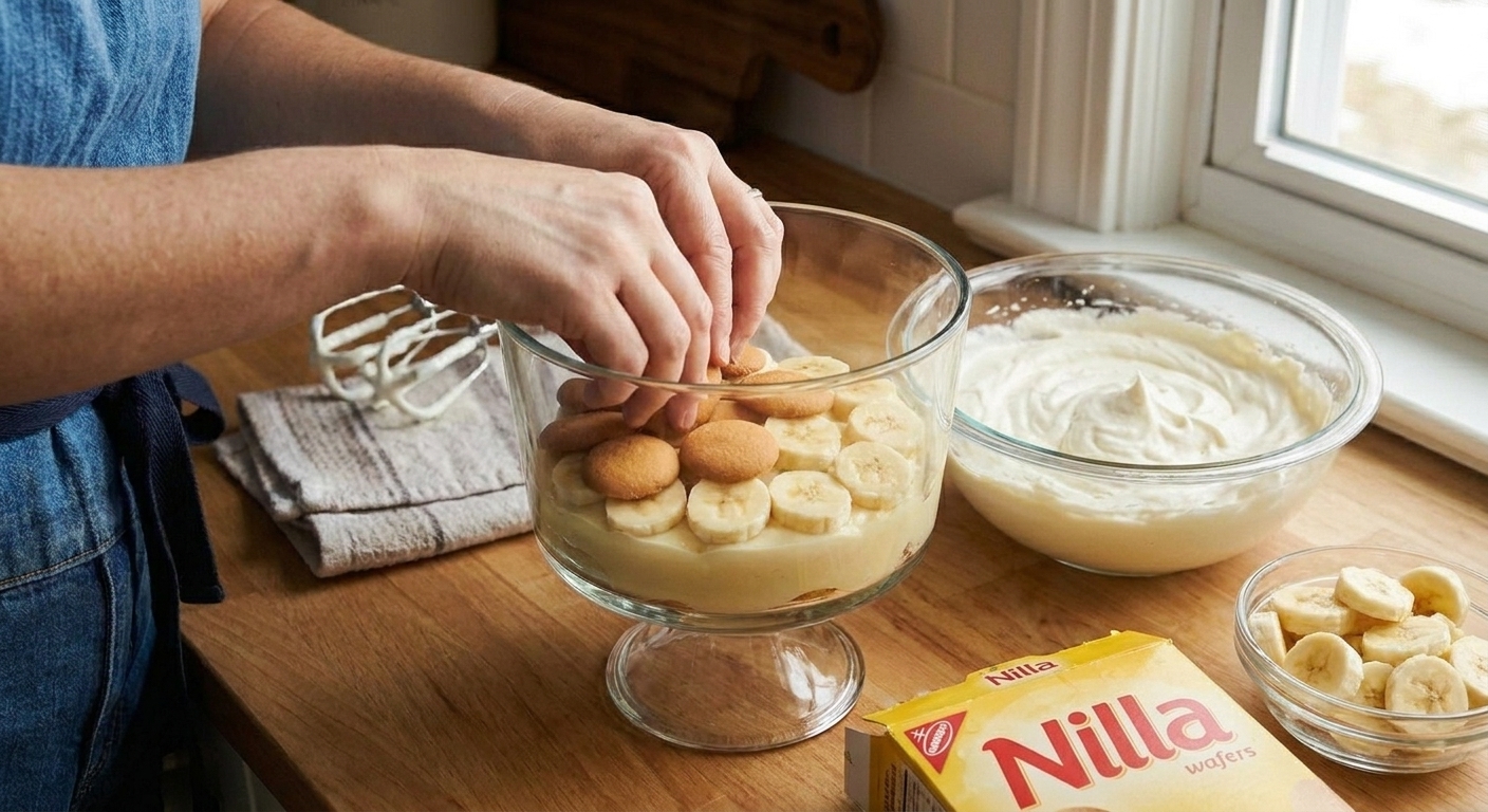 A trifle dish being layered with vanilla wafers, banana slices, and pudding on a kitchen counter