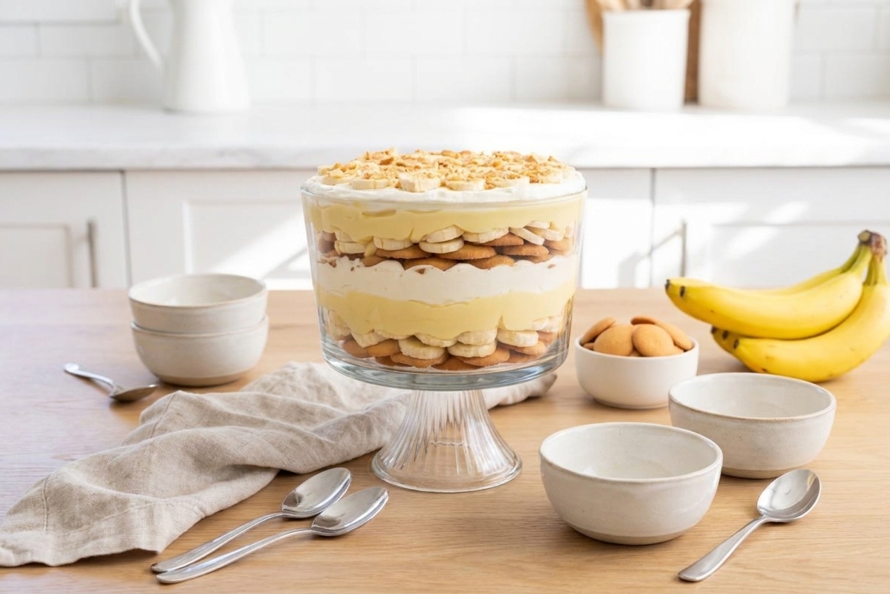 A trifle dish of banana pudding on a dining table with small bowls and spoons set for serving
