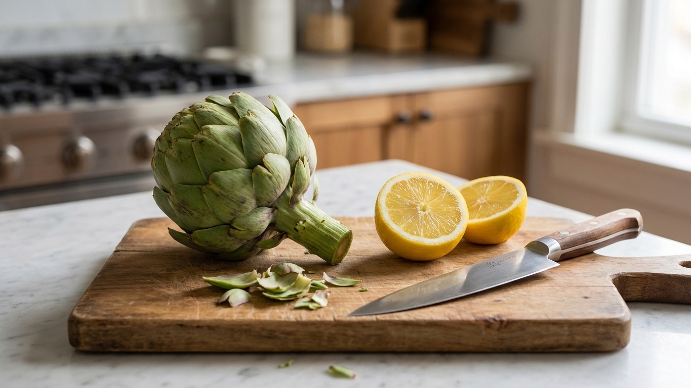 A trimmed artichoke with snipped leaf tips sitting on a wooden cutting board next to a knife and lemon halves on a kitchen counter