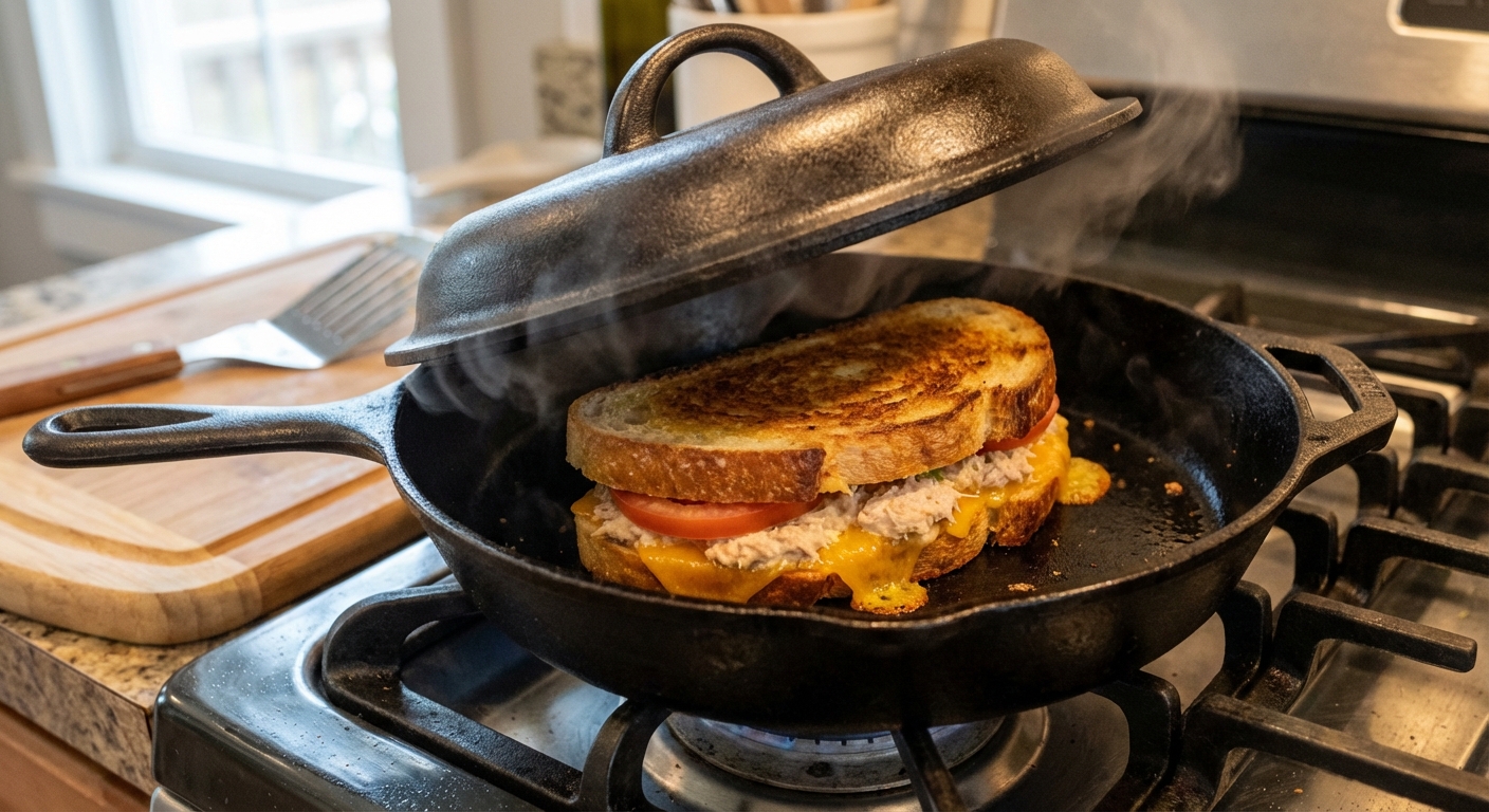 A tuna melt cooking in a cast iron skillet with a lid partially covering it, showing browned bread edges