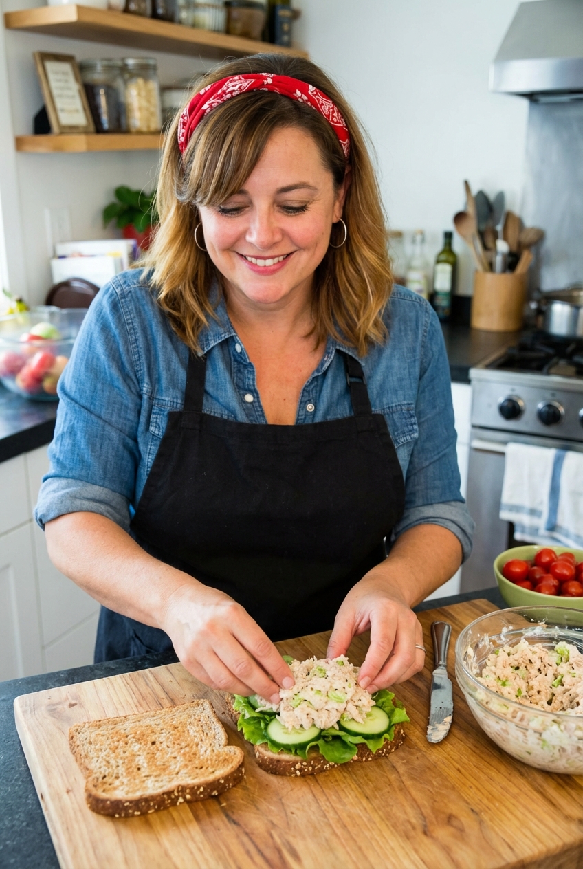A tuna salad sandwich being assembled on toasted bread with lettuce and cucumber