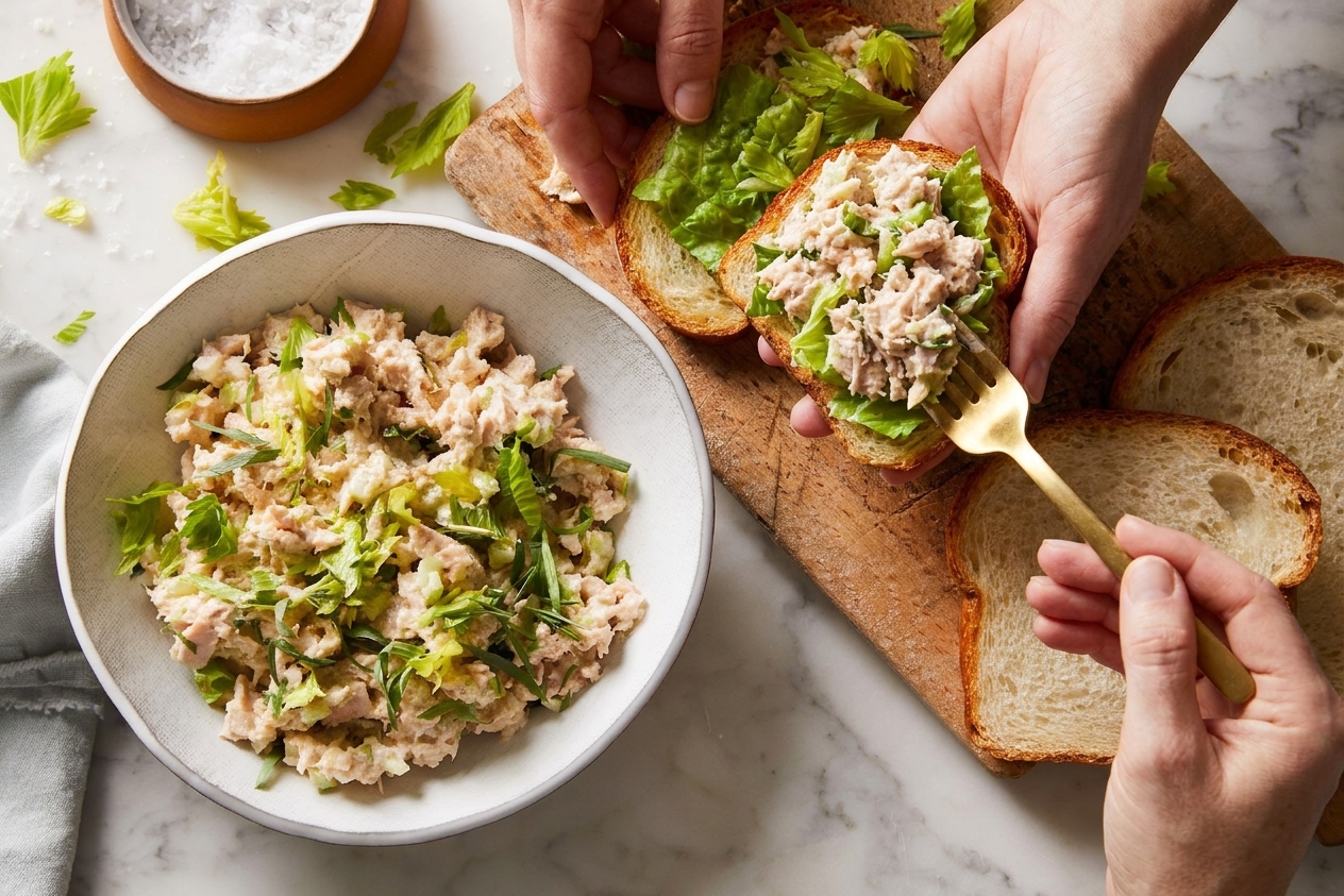 A tuna salad sandwich being assembled on toasted bread with lettuce on a wooden cutting board