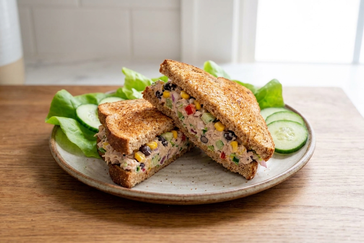 A tuna salad sandwich on toasted bread cut in half on a ceramic plate with lettuce and sliced cucumber on a wooden table