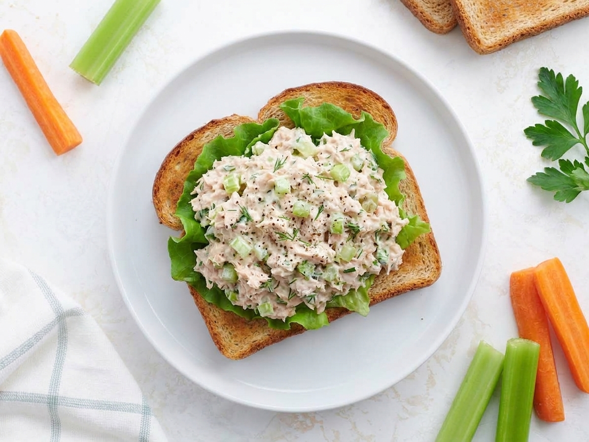 A tuna salad sandwich on toasted bread with lettuce on a plate