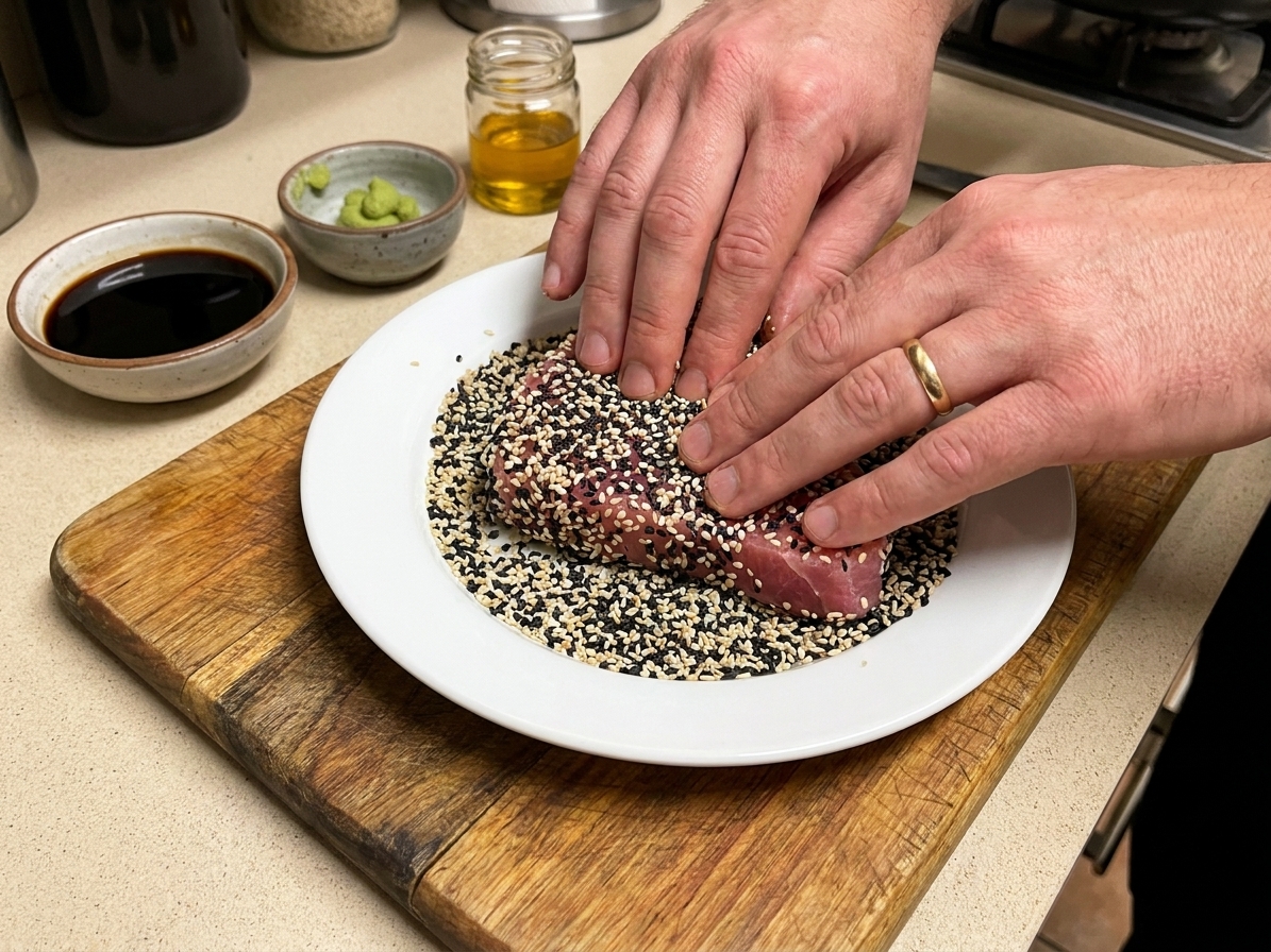A tuna steak being pressed into a plate of sesame seeds on a wooden cutting board, with hands visible and small bowls of sauce ingredients nearby