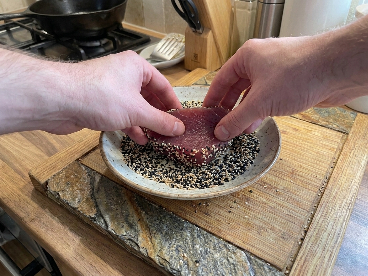A tuna steak being pressed into a shallow dish of sesame seeds on a wooden cutting board