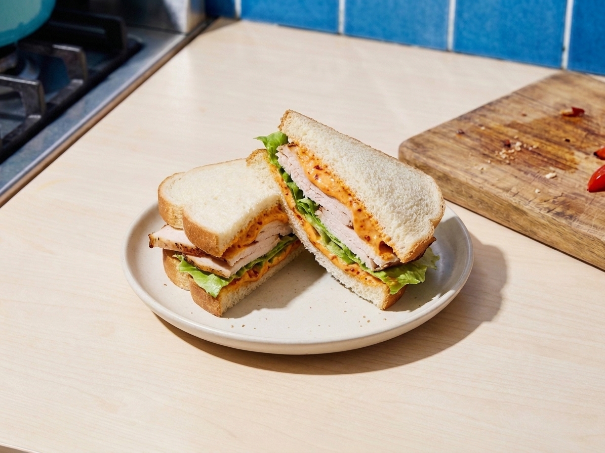 A turkey and lettuce sandwich cut in half with a visible layer of roasted red pepper mayo spread on the bread, on a simple plate on a wooden table