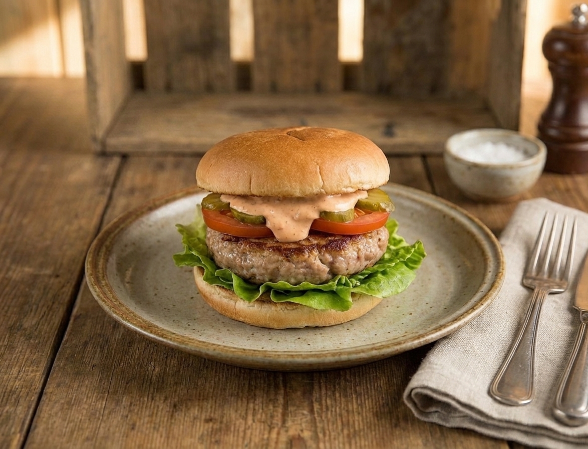 A turkey burger on a toasted bun with lettuce, tomato, pickles, and creamy sauce on a plate at a simple dinner table setting