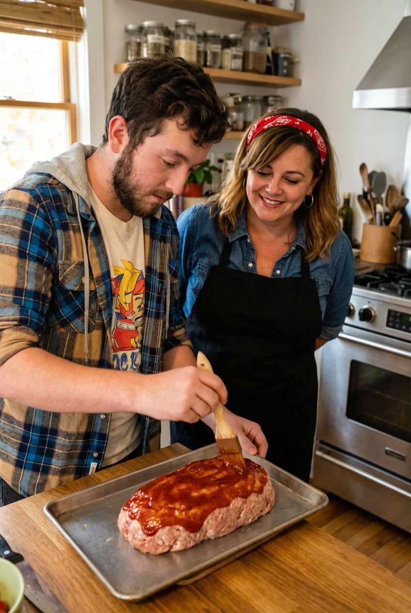A turkey meatloaf on a sheet pan being brushed with ketchup glaze before baking