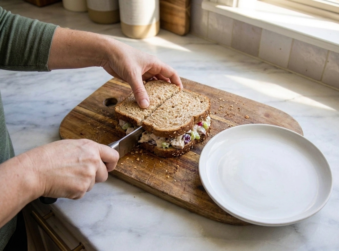 A turkey salad sandwich being cut in half on a cutting board with crumbs and a simple plate nearby