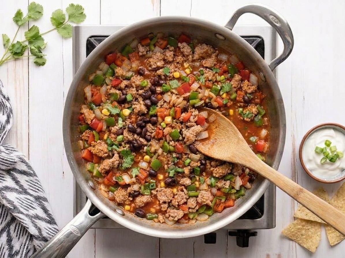 A turkey taco skillet simmering with black beans and corn in a tomato sauce on a stovetop