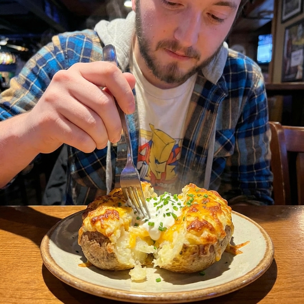 A twice baked potato being pulled apart with a fork, showing a creamy cheesy interior and a crisp golden topping