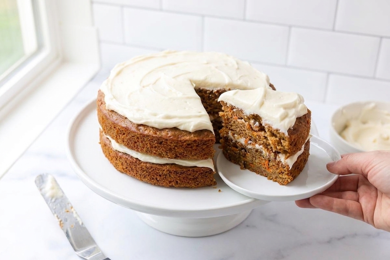 A two-layer carrot cake on a cake stand with thick cream cheese frosting swirled on top and around the sides, with a slice cut out to show a moist crumb, on a bright kitchen counter