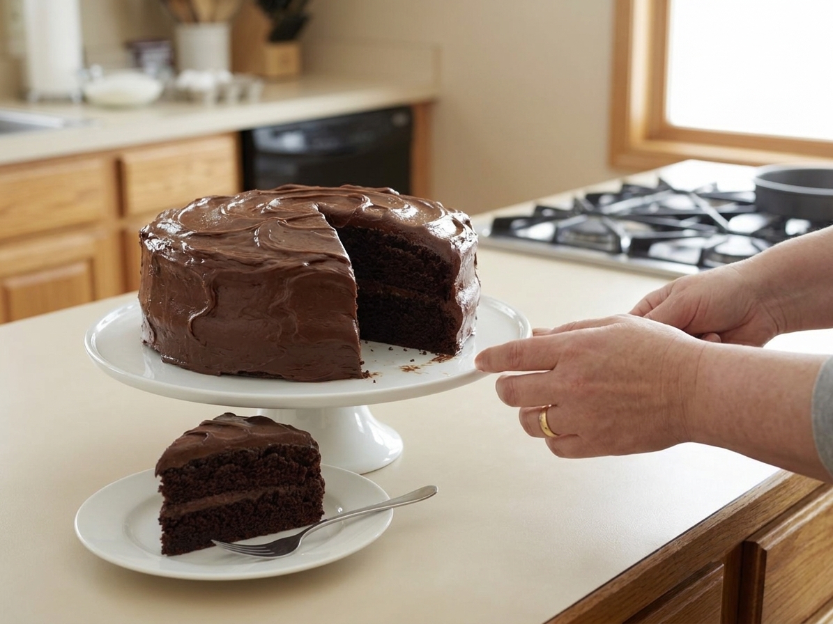 A two-layer chocolate cake with smooth chocolate frosting on a cake stand, with a slice removed to show the moist crumb