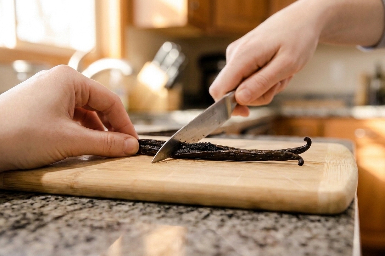 A vanilla bean being sliced lengthwise on a wooden cutting board with the seeds visible, kitchen close-up
