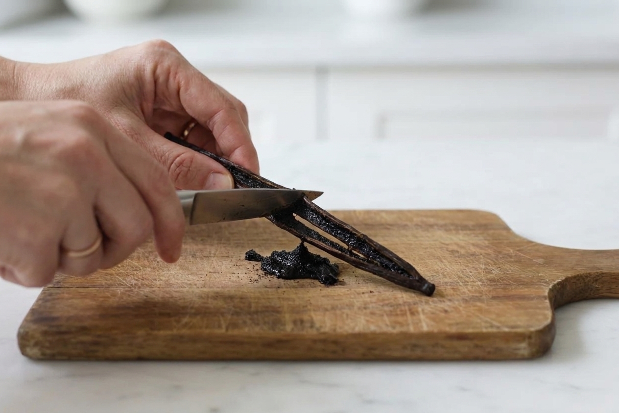 A vanilla bean split lengthwise on a wooden cutting board with glossy black seeds being scraped into a small pile