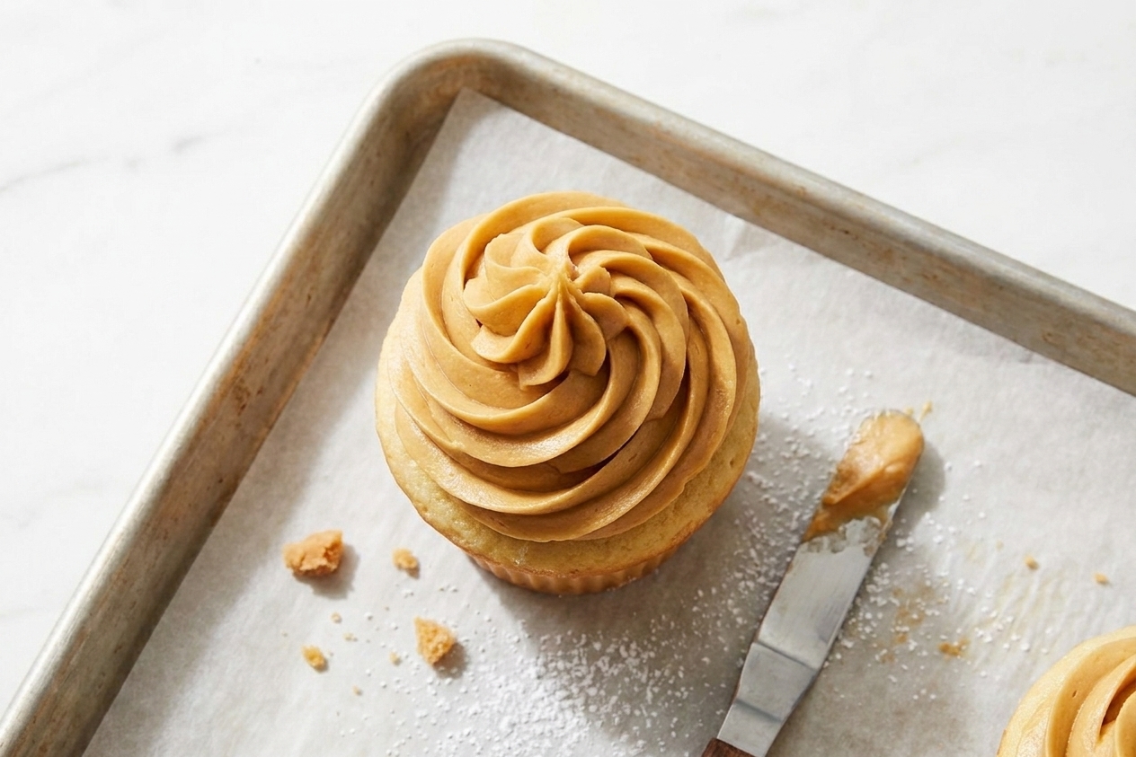 A vanilla cupcake topped with a tall swirl of peanut butter icing on a baking sheet lined with parchment paper