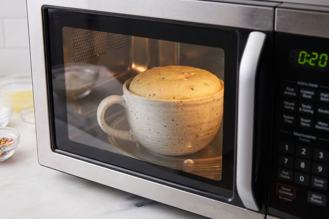 A vanilla mug cake rising inside a microwave, visible through the microwave door window