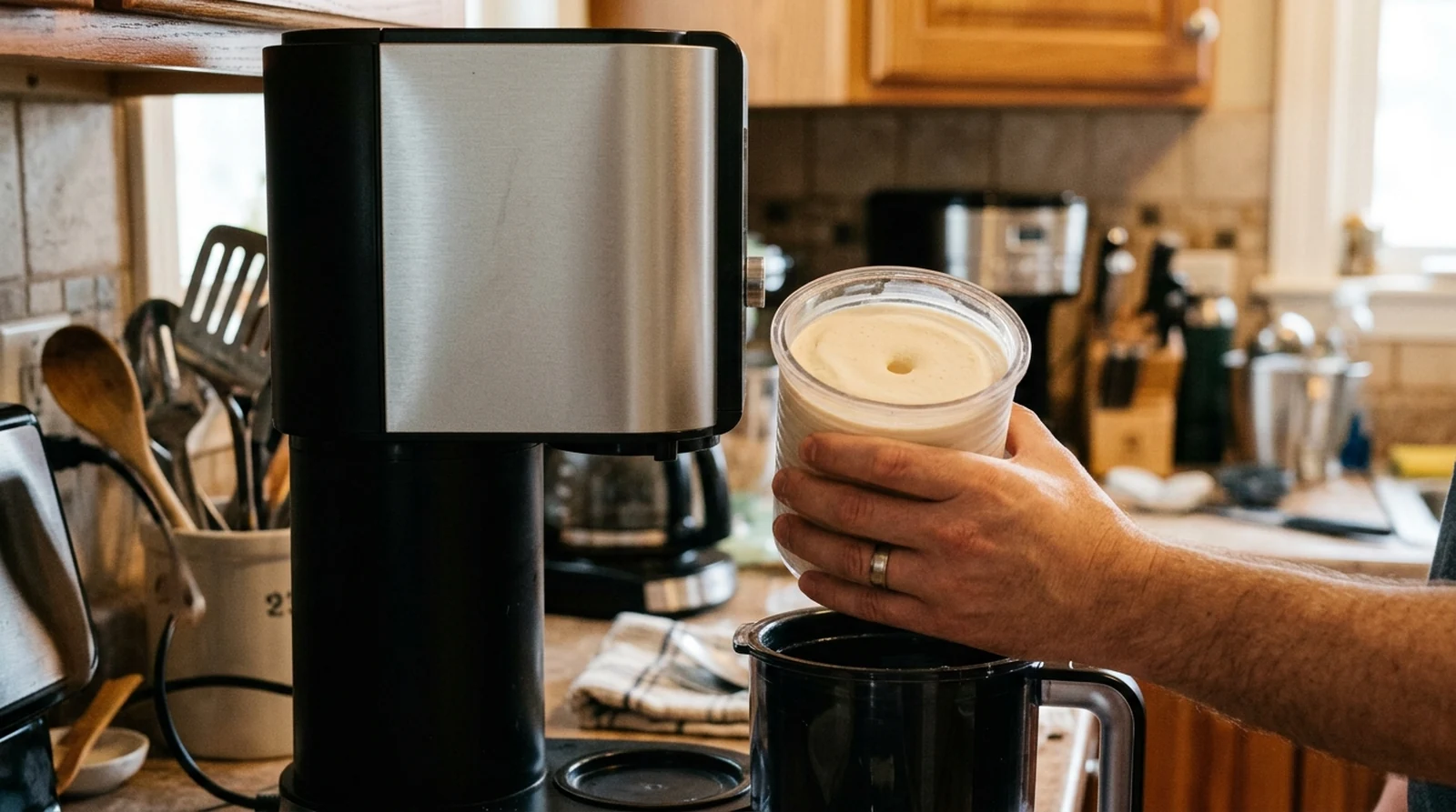 A vanilla protein ice cream mixture being whisked directly inside a Ninja Creami pint container on a kitchen counter