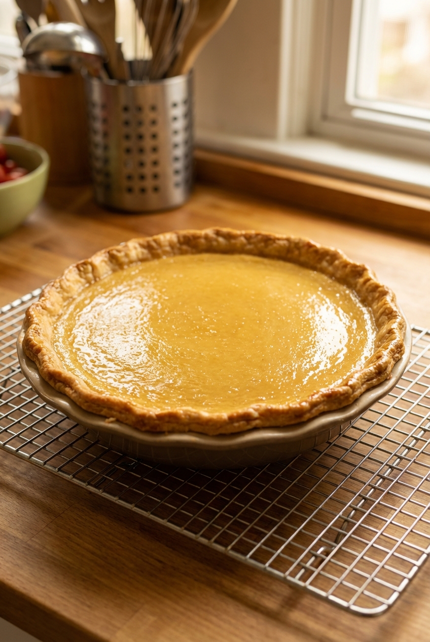 A vegan custard pie cooling on a wire rack with a smooth glossy surface