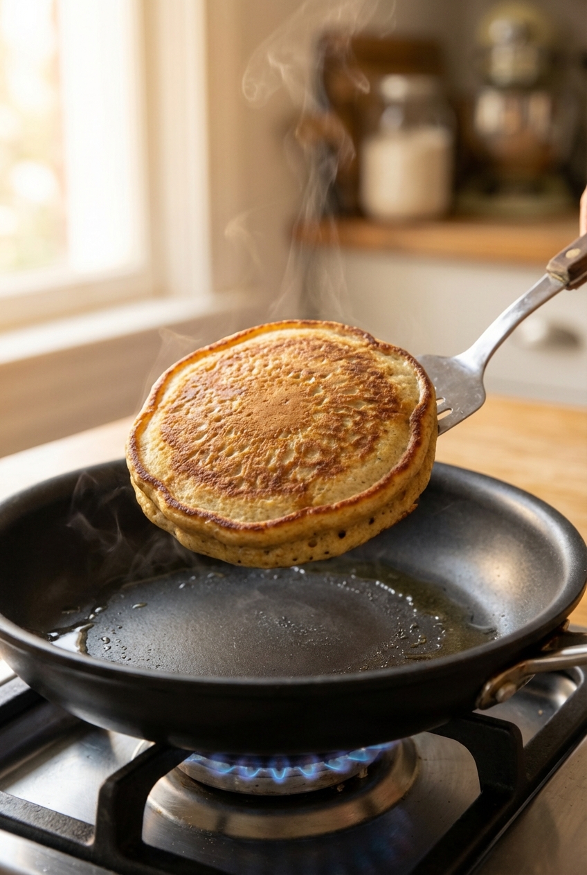 A vegan pancake being flipped with a spatula in a nonstick skillet, showing golden brown edges