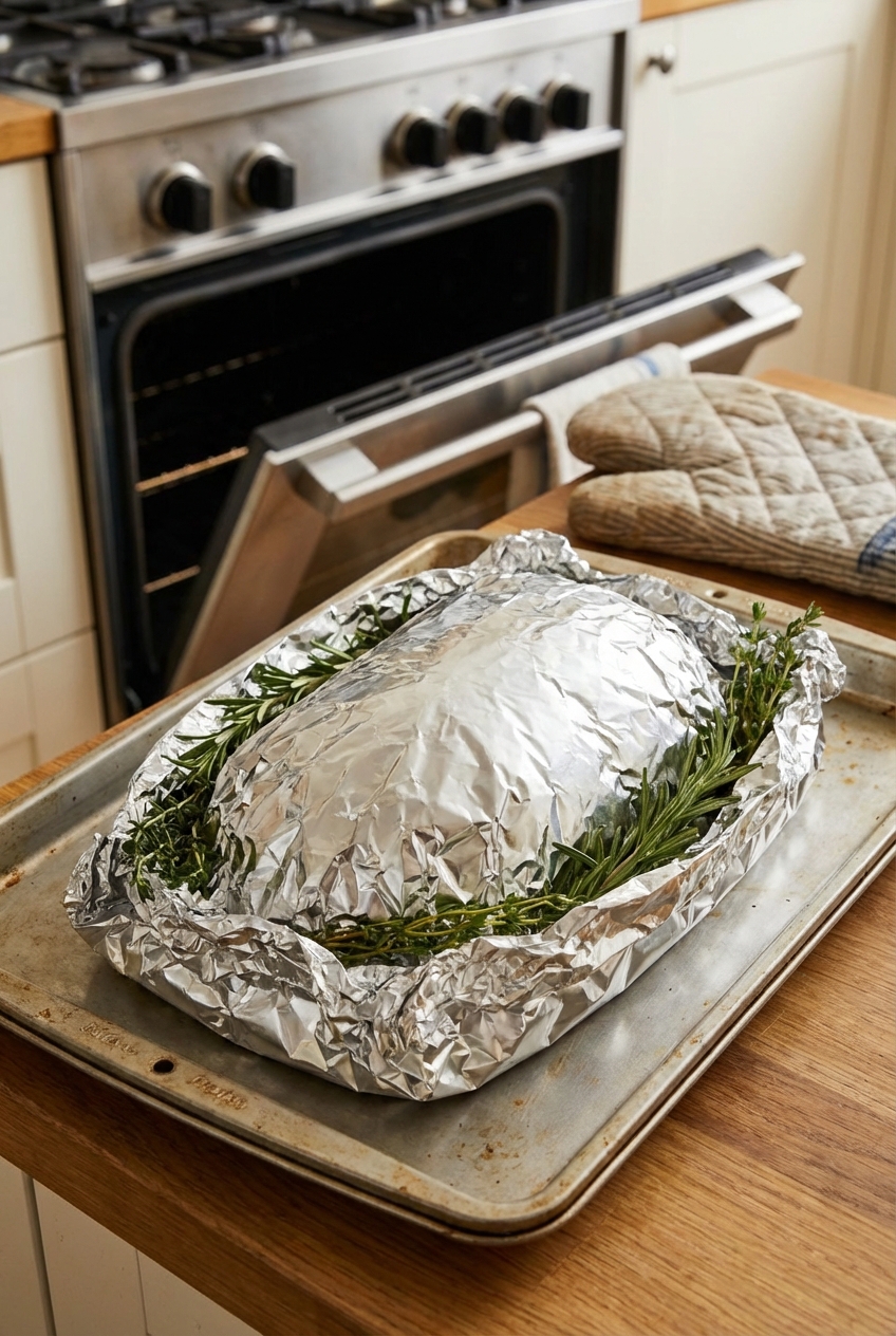 A vegan turkey-style roast wrapped in foil on a baking sheet before going into the oven