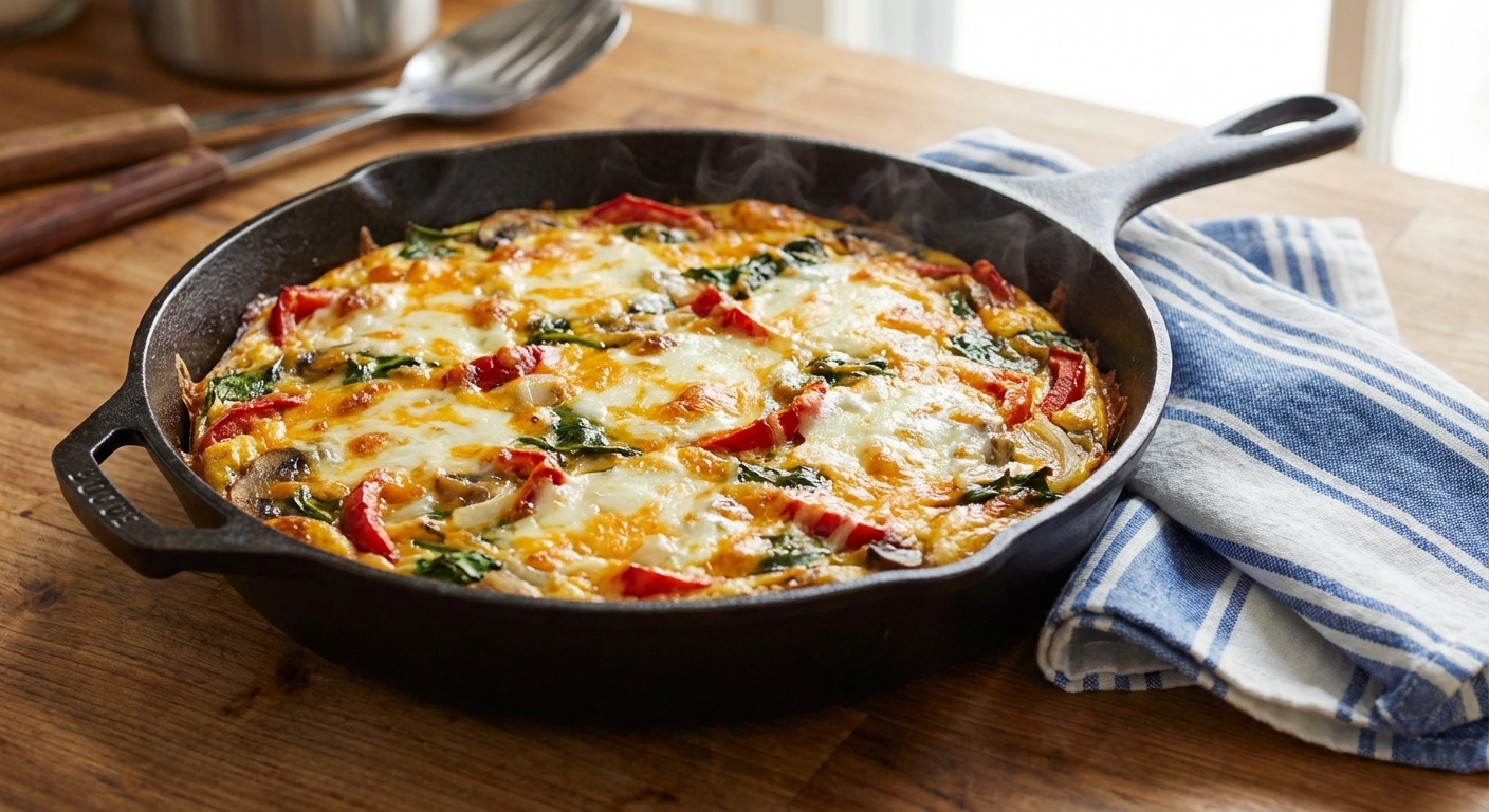 A vegetable frittata just out of the oven in a cast iron skillet, golden top with melted cheese, a kitchen towel beside the skillet on a countertop, photorealistic food photography