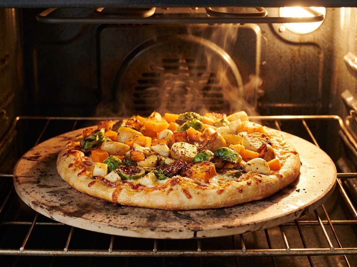 A vegetable pizza baking on a hot pizza stone inside an oven, with bubbling cheese and roasted vegetables visible