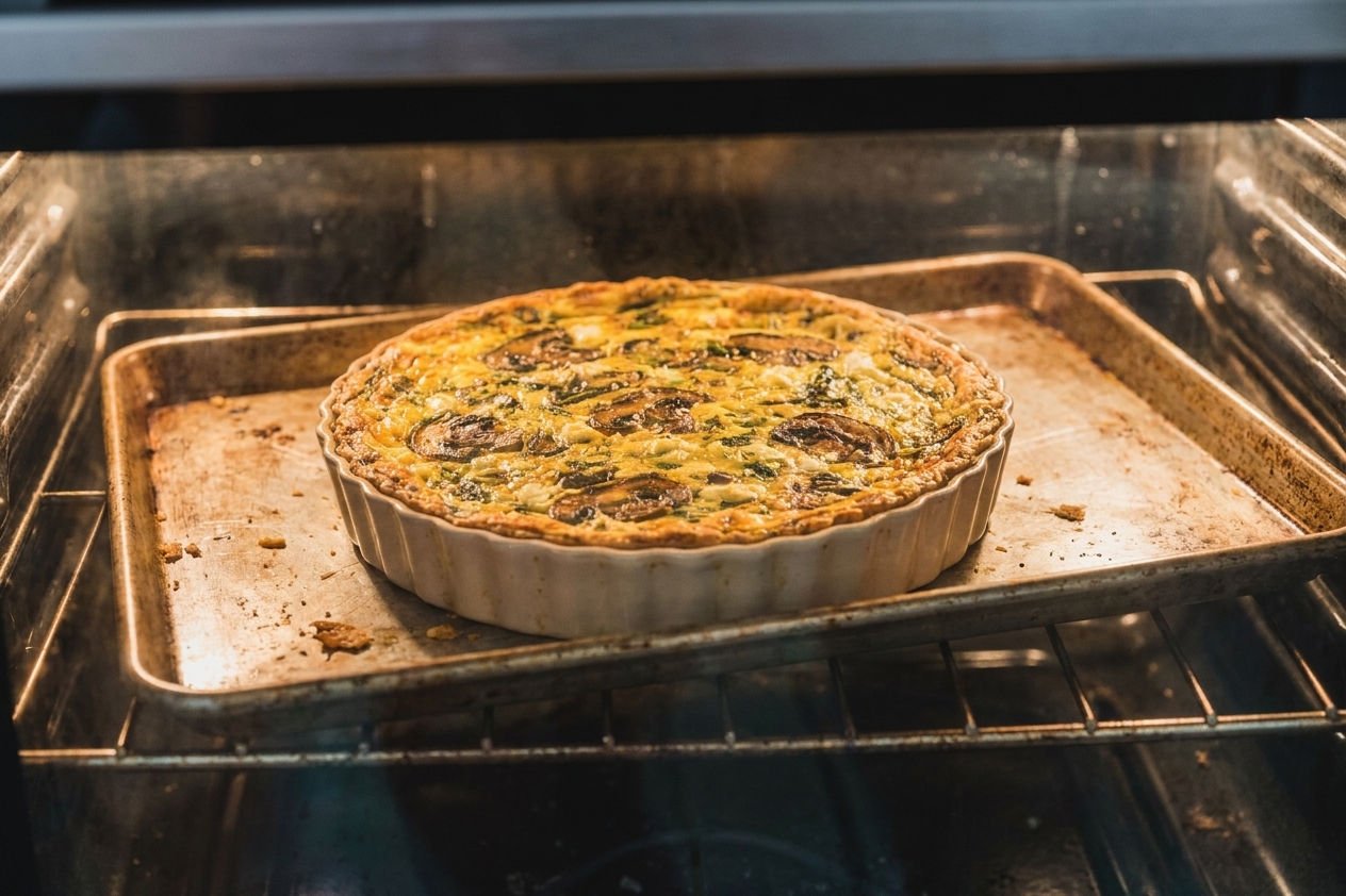 A vegetable quiche baking on a metal sheet pan on the middle oven rack with a lightly browned crust